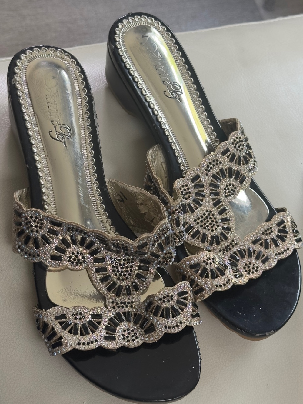 Embellished Black Slip-On Sandals with Champagne Beaded Straps